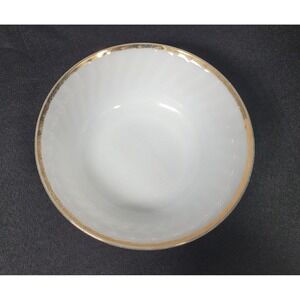 Fire King White Milk Glass Serving Bowl 8 inch Swirl Pattern Gold Trim VTG 1950s